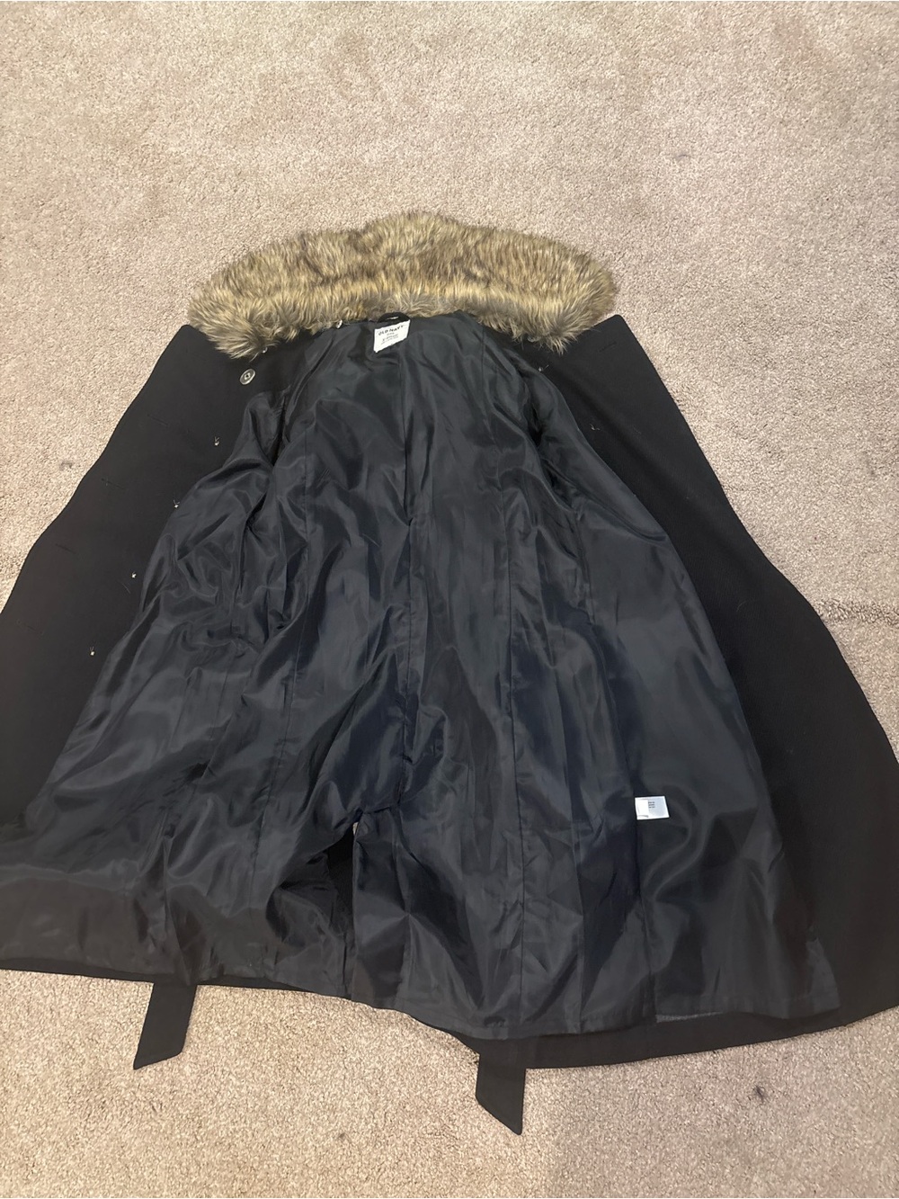 Old Navy Black Trench Coat with Faux Fur Hood Trim